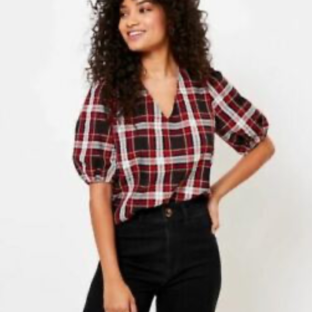NWT Loft Puffed Sleeve Tartan Plaid Top